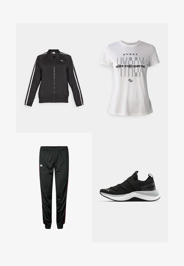 Juodas sportinis džemperis, pagamintas iš lygios medžiagos, su baltomis šoninėmis juostomis, stovinčiu apykakle ir priekiniais užtrauktukais. Ant krūtinės išsiuvinėtas logotipas.; Balta sportinė marškinėliai trumpomis rankovėmis, su juodu geometriniu raštu ir tekstu "NIEKADA NESUPRASKITE KONKURUOTI" priekyje.; Juodos sportinės kelnės su raudonomis šoninėmis juostelėmis, elastinga juosmeniu, siaurėjančiomis kojomis, pagamintos iš lygios, lengvos medžiagos. Priekyje yra logotipas.; Juodas sportinis batelis su tekstūruota viršutine dalimi, elastingomis juostomis ir storesniu baltu tarpiniai. Yra pilkas akcentas palei pado kraštą.