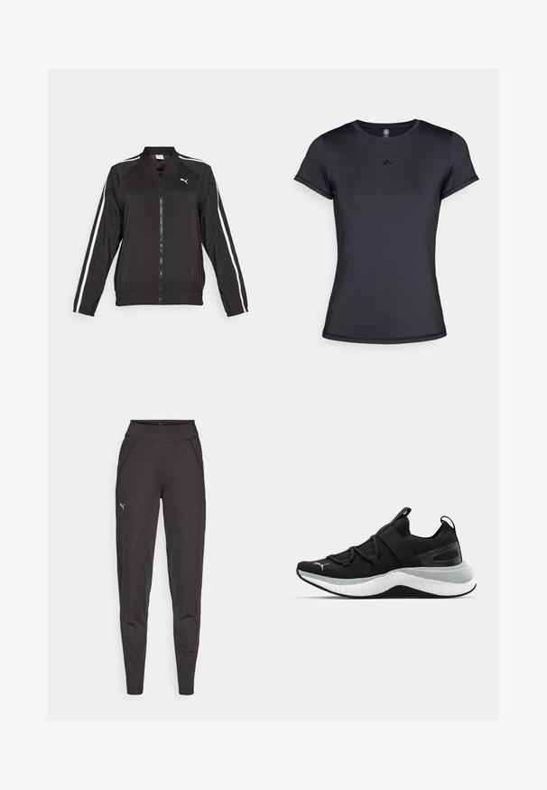 Black track jacket made of smooth fabric with white side stripes, a stand-up collar, and a front zipper, featuring an embroidered logo on the chest.; Black short-sleeve t-shirt made of smooth, breathable fabric featuring a minimal logo design on the front. Classic crew neckline.; Black athletic leggings made of stretchy fabric, featuring a high waistband, side pockets, and a small reflective logo on the left thigh.; Black athletic shoe with a textured upper, elastic straps, and a thick white midsole. Features a grey accent along the sole.
