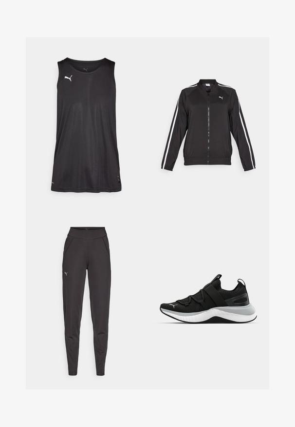 Fekete futódzseki sima anyagból, fehér oldalsávokkal, álló gallérral és elülső cipzárral, mellkason hímzett logóval.; Fekete, ujjatlan sportpóló sima anyagból, kerek nyakkivágással, az alsó bal oldalon fehér logóval.; Fekete sportleggings rugalmas anyagból, magas derékkal, oldalsó zsebekkel és egy kis fényvisszaverő logóval a bal combján.; Fekete sportcipő textúrázott felső résszel, rugalmas pántokkal és vastag fehér középtalppal. Szürke akcentussal rendelkezik a talp mentén.