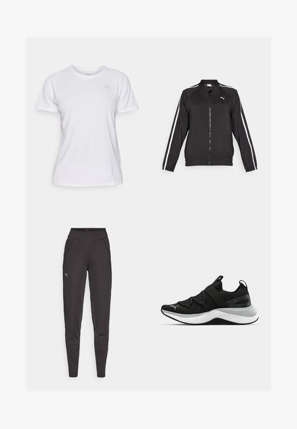 Svart treningsjakke laget av glatt stoff med hvite sidestriper, høy krage og frontglidelås, med et brodert logo på brystet.; Hvit atletisk T-skjorte laget av pustende stoff. Har rund hals og korte raglan-ermer med en subtil grå logoakcent.; Sorte athletic leggings laget av elastisk materiale, med høy midje, sidelommer og en liten reflekslogo på venstre lår.; Sorte treningssko med en teksturert overdel, elastiske stropper og en tykk hvit mellomsåle. Har en grå aksent langs sålen.
