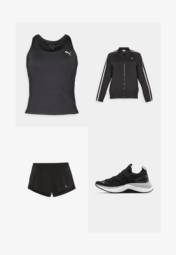 Svart treningsjakke laget av glatt stoff med hvite sidestriper, høy krage og frontglidelås, med et brodert logo på brystet.; Svart trenings tanktopp, ermela design, myk stoff, rund halslinning, har en liten hvit Puma-logo på venstre brystområde.; Sorte elastiske treningsshorts med strikk i livet, med sidespalter, stilige mesh-detaljer og en hvit Puma-logo nederst til venstre.; Sorte treningssko med en teksturert overdel, elastiske stropper og en tykk hvit mellomsåle. Har en grå aksent langs sålen.