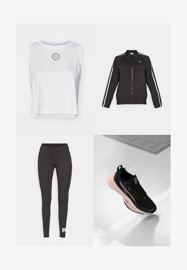 Svart träningsjacka i slät tyg med vita sidostråk, ståkrage och frontdragkedja, med en broderad logotyp på bröstet.; Vit crop top i ett mjukt, andningsbart tyg. Har en rund hals, är ärmlös och har en cirkulär logotyp i svart på framsidan.; Svarta leggings gjorda av elastiskt tyg, med hög midja och en vit logotyp tryckt på nedre vänstra benet. Slät textur.; Svart idrottssko med rosa accenter och en strukturerad ovandel. Har en vadderad rosa sula och svarta snören. Lättviktsdesign för prestanda.