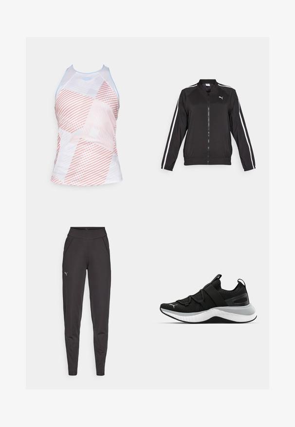 Musta urheilutakki, joka on valmistettu sileästä kankaasta. Takissa on valkoiset sivuraidat, pystykaulus ja etuvetoketju, sekä brodeerattu logo rinnassa.; Valkoinen urheilullinen hihaton paita, jossa on geometrinen kuvio korallin, harmaan ja vaaleansinisen sävyissä. Omistaa korkean kaula-aukon ja urheilullisen leikkauksen.; Mustat urheilulegginsit, jotka on valmistettu joustavasta kankaasta. Niissä on korkea vyötärö, sivutaskut ja pieni heijastava logo vasemmassa reidessä.; Musta urheilujalkine, jossa on teksturoitu päällinen, joustavat remmit ja paksu valkoinen välikerros. Sisältää harmaan yksityiskohdan pohjan reunassa.