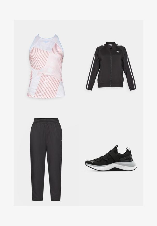 Black track jacket made of smooth fabric with white side stripes, a stand-up collar, and a front zipper, featuring an embroidered logo on the chest.; White athletic tank top with a geometric pattern in coral, gray, and light blue. Features a high neckline and sporty cut.; Black athletic pants with an elastic waistband, tapering legs, smooth texture, and a small white logo on the left hip.; Black athletic shoe with a textured upper, elastic straps, and a thick white midsole. Features a grey accent along the sole.