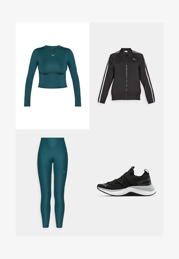 Musta urheilutakki, joka on valmistettu sileästä kankaasta. Takissa on valkoiset sivuraidat, pystykaulus ja etuvetoketju, sekä brodeerattu logo rinnassa.; Pitkähihainen, lyhytnutturainen paita teal-värisestä kankaasta, jossa on sileä texture. Ominaisuudet pyöreä kaula-aukko ja pieni kultainen Puma-logo rinnassa.; Teal-colored urheiluhousut, joissa on korkea vyötärö, valmistettu joustavasta materiaalista. Vähän oikeassa alajalassa on pieni logo ja litteät saumat.; Musta urheilujalkine, jossa on teksturoitu päällinen, joustavat remmit ja paksu valkoinen välikerros. Sisältää harmaan yksityiskohdan pohjan reunassa.