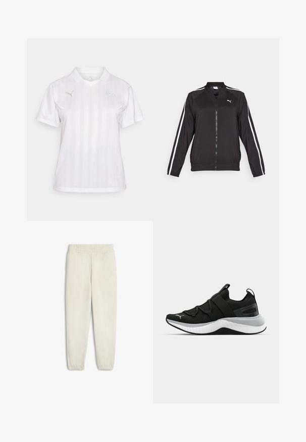Černá sportovní bunda vyrobená z hladkého materiálu, se bílými bočními pruhy, stojáčkem a předním zipem, s vyšitým logem na hrudi.; Bílá polo košile má jemný pruhovaný vzor, krátké rukávy a límeček. Obsahuje malou zlatou logo a kulatou nášivku na prsou.; Světle béžové tepláky vyrobené z měkké tkaniny, s elastickým pasem, manžetami na kotnících a malým bílým logem na boku.; Černá sportovní bota s texturovaným svrškem, elastickými pásky a silnou bílou mezipodešví. Obsahuje šedý akcent podél podešve.