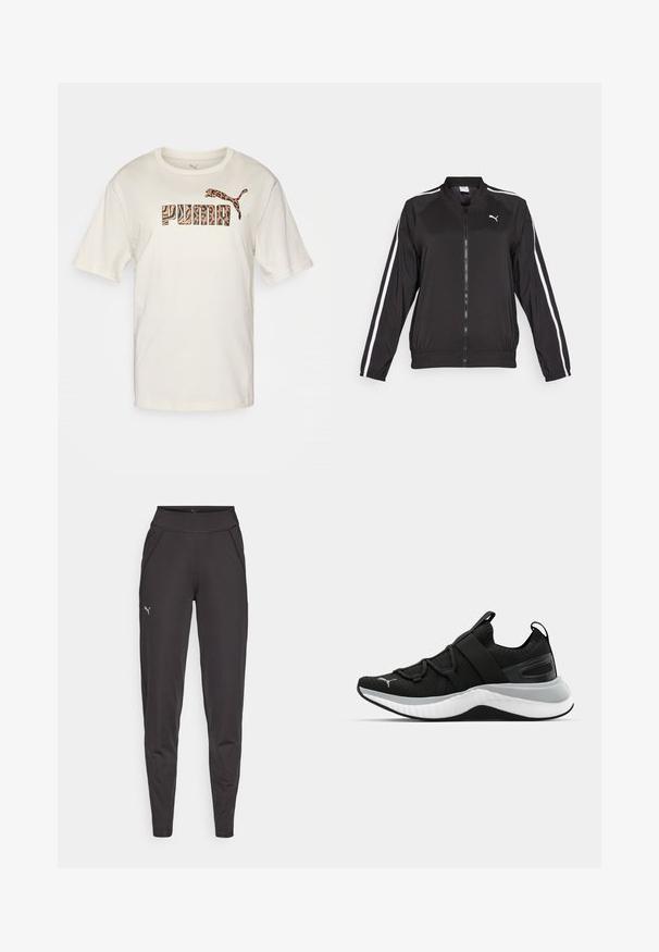Black track jacket made of smooth fabric with white side stripes, a stand-up collar, and a front zipper, featuring an embroidered logo on the chest.; Cream-colored t-shirt in cotton, featuring a black and orange leopard-print "PUMA" logo and a matching leaping cat graphic on the shoulder.; Black athletic leggings made of stretchy fabric, featuring a high waistband, side pockets, and a small reflective logo on the left thigh.; Black athletic shoe with a textured upper, elastic straps, and a thick white midsole. Features a grey accent along the sole.