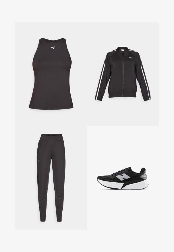 Giacca da tracksuit nera realizzata in tessuto liscio, con strisce bianche laterali, colletto alto e zip frontale, caratterizzata da un logo ricamato sul petto.; Top da allenamento nero con collo alto, caratterizzato da un piccolo logo Puma bianco sul lato sinistro del petto. Realizzato in tessuto liscio e elasticizzato.; Leggings sportivi neri in tessuto elasticizzato, con vita alta, tasche laterali e un piccolo logo riflettente sulla coscia sinistra.; Scarpa da corsa New Balance in bianco e nero con suola spessa, parte superiore in rete e logo "N" sul lato, vista dal lato esterno.