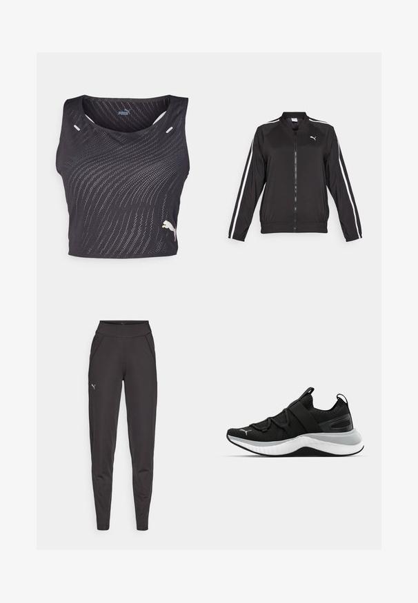Black track jacket made of smooth fabric with white side stripes, a stand-up collar, and a front zipper, featuring an embroidered logo on the chest.; Black sleeveless athletic top featuring a textured wave pattern, small holes for breathability, and a contrasting logo on the hem.; Black athletic leggings made of stretchy fabric, featuring a high waistband, side pockets, and a small reflective logo on the left thigh.; Black athletic shoe with a textured upper, elastic straps, and a thick white midsole. Features a grey accent along the sole.