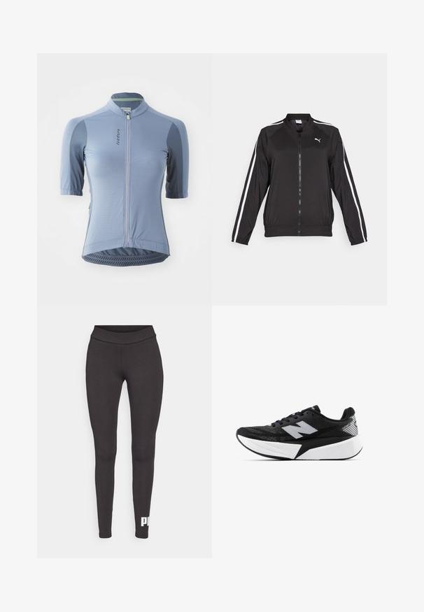 Black track jacket made of smooth fabric with white side stripes, a stand-up collar, and a front zipper, featuring an embroidered logo on the chest.; Light blue cycling jersey with short sleeves, zip front, mesh panels, and textured hem. Features subtle branding and contrast grey accents.; Black leggings made of stretchable fabric, featuring a high waistband and a white logo printed on the lower left leg. Smooth texture.; Black and white New Balance running shoe with thick sole, mesh upper, and "N" logo on the side, viewed from the outer side.