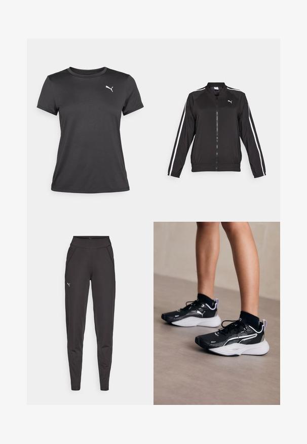 Must muströöpidega must sportjakk, mis on valmistatud siledast kangast, millel on kõrge kaelus ja eesne lukuga, ning mille rinnal on brodeeritud logo.; Must must harilik must t-särk, mis on valmistatud siledast ja kergest kangast. Omab ümarat kaelust ning vasakul rinnal on valge Puma logo.; Mustad mustriga mustad leggingud, mis on valmistatud venivast kangast. Neil on kõrge vöökoht, küljetaskud ja väike peegelduv logo vasakul reitel.; Mustad mustredsneakerid valgete aktsentidega, võrgust pealsed, paelad ja pehmendatud kand. Omab tekstureeritud tallat, mis tagab haarde.