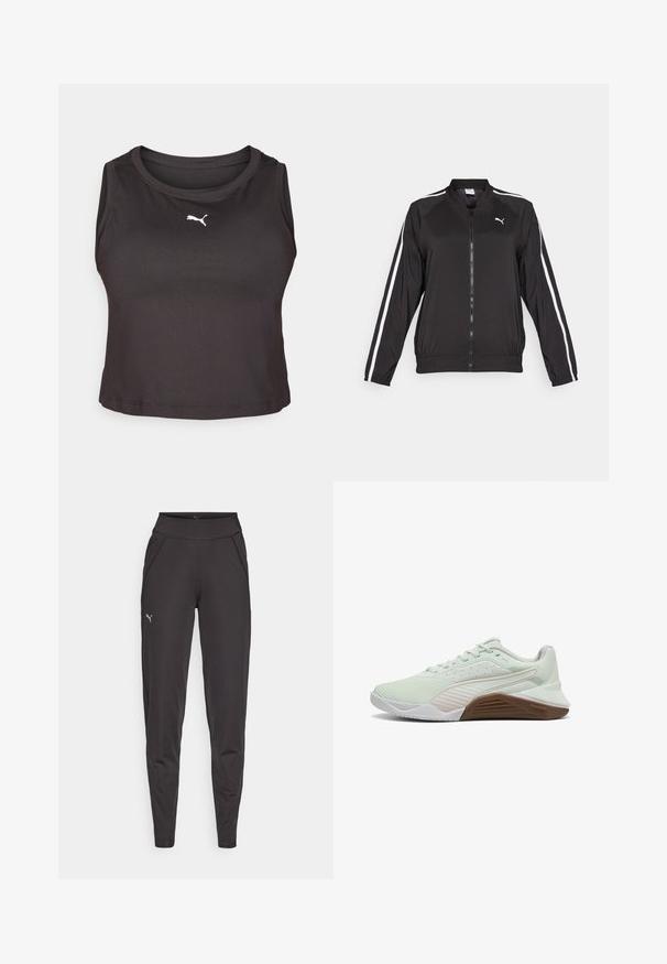 Melna sporta jaka no gludas auduma ar baltām sānu svītrām, stāvošu apkakli un priekšējo rāvējslēdzēju, ar izšūtu logotipu uz krūšu daļas.; Melnā sporta trenerka ar gludu, izstiepjamu audumu un noapaļotu apkakli. Priekšpusē ir neliels balts Puma logo.; Melni sporta legingi, izgatavoti no elastīgas auduma, ar augstu jostasvietu, sānu kabatām un mazu atstarojošu logotipu uz kreisā augšstilba.; Gaišzaļš sporta apavu modelis ar strukturētu virsmu, baltām akcentiem un brūnu gumijas zoli. Aprīkoti ar elpojošu acu materiālu un pastiprinātu purngalu.