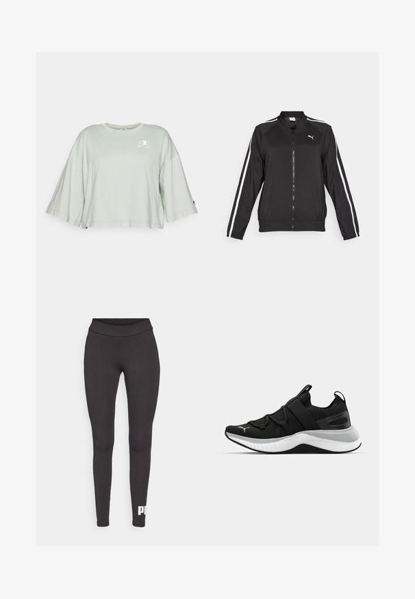 Czarna kurtka sportowa wykonana z gładkiego materiału, z białymi pasekami po bokach, stójką oraz zamkiem z przodu, z haftowanym logo na piersi.; Jasnozielona, krótki rękaw, bawełniana koszulka z krojem cropped, luźnym fasonem i białym haftowanym logo na piersi.; Czarne legginsy z elastycznego materiału, z wysokim stanem i białym logo nadrukowanym na dolnej części lewej nogawki. Gładka tekstura.; Czarne sportowe buty z teksturowaną cholewką, elastycznymi paskami i grubą białą podeszwą środkową. Posiadają szary akcent wzdłuż podeszwy.