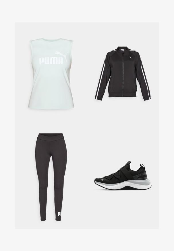 Svart treningsjakke laget av glatt stoff med hvite sidestriper, høy krage og frontglidelås, med et brodert logo på brystet.; Lys mintgrønn ermeløs topp laget av bomull, med en fremtredende hvit "PUMA"-logo og et lite hoppende puma-grafikk på forsiden.; Sorte leggins laget av elastisk stoff, med høy midje og en hvit logo trykt på nedre venstre ben. Glatt tekstur.; Sorte treningssko med en teksturert overdel, elastiske stropper og en tykk hvit mellomsåle. Har en grå aksent langs sålen.