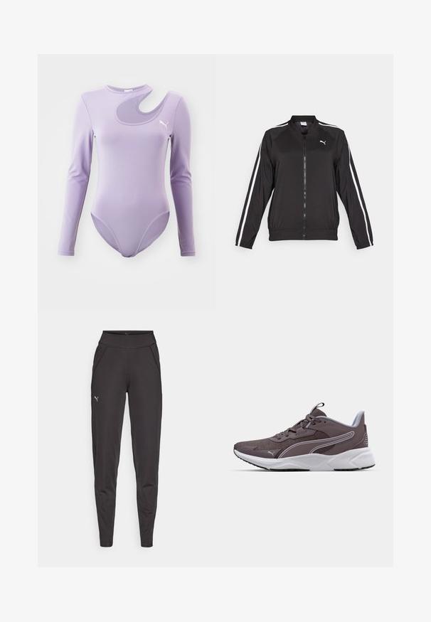 Black track jacket made of smooth fabric with white side stripes, a stand-up collar, and a front zipper, featuring an embroidered logo on the chest.; Long-sleeve bodysuit in lavender with a curved cutout design. Made of smooth fabric featuring a small logo on the chest.; Black athletic leggings made of stretchy fabric, featuring a high waistband, side pockets, and a small reflective logo on the left thigh.; Gray athletic shoe with mesh upper, white sole, and contrasting accents. Features lacing system and textured surface for grip.