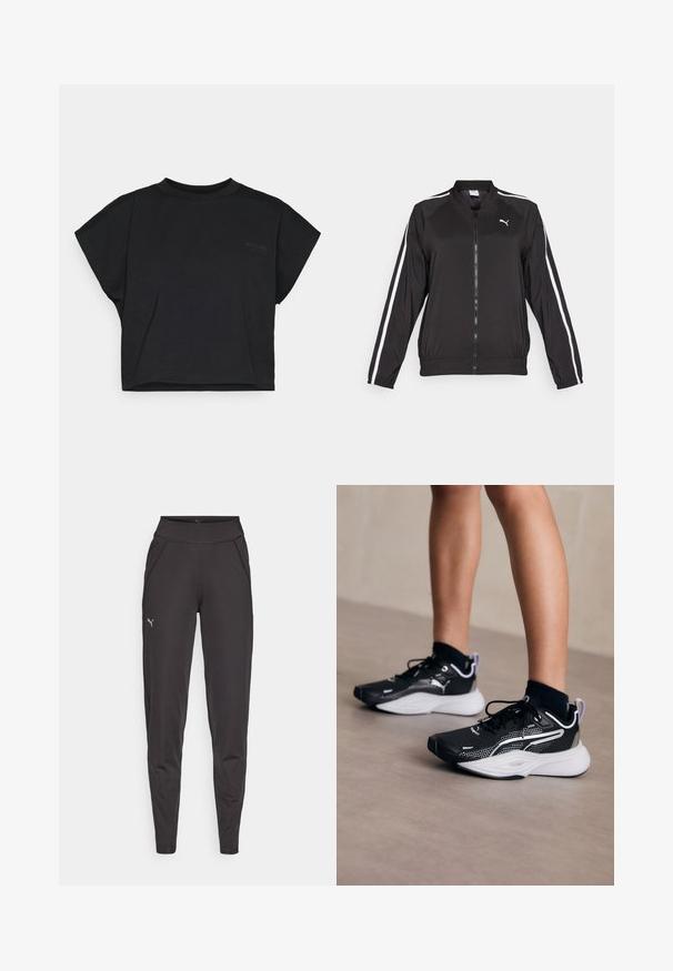 Sort træningsjakke lavet af glat stof med hvide sidelister, en opretstående krave og en frontlynlås, med et broderet logo på brystet.; Sort cropped t-shirt lavet af blød bomuld med korte ærmer og rund halsudskæring. Har et diskret logo på fronten.; Sorte atletiske leggings lavet af strækbart stof, med en høj talje, sidelommer og et lille reflekterende logo på venstre lår.; Sorte sportsko med hvide accenter, mesh-overdel, snørebånd og polstret hæl. Har en struktureret sål for godt fodfæste.