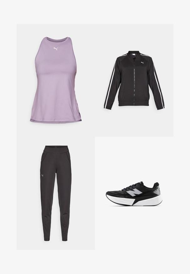 Giacca da tracksuit nera realizzata in tessuto liscio, con strisce bianche laterali, colletto alto e zip frontale, caratterizzata da un logo ricamato sul petto.; Puma RACERBACK TANK - Top - pale plum; Leggings sportivi neri in tessuto elasticizzato, con vita alta, tasche laterali e un piccolo logo riflettente sulla coscia sinistra.; Scarpa da corsa New Balance in bianco e nero con suola spessa, parte superiore in rete e logo "N" sul lato, vista dal lato esterno.