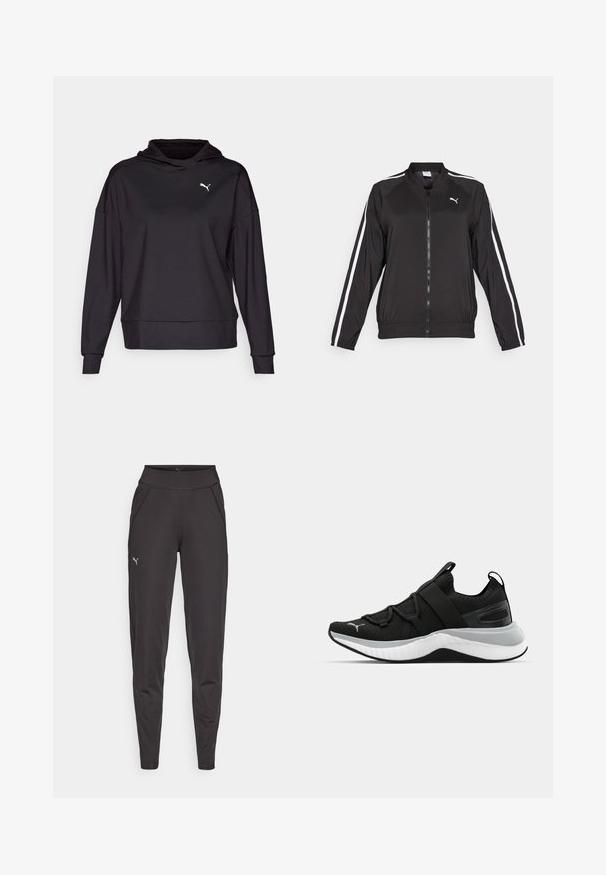 Must muströöpidega must sportjakk, mis on valmistatud siledast kangast, millel on kõrge kaelus ja eesne lukuga, ning mille rinnal on brodeeritud logo.; Must mustrakk, mis on valmistatud siledast kangast. Omab pikki varrukaid, vabamat lõiget ja väikest valget logo vasakul rinnal.; Mustad mustriga mustad leggingud, mis on valmistatud venivast kangast. Neil on kõrge vöökoht, küljetaskud ja väike peegelduv logo vasakul reitel.; Must have tekstuuriga ülemise osaga mustad spordijalatsid, elastsete rihmade ja paksu valge vaheosaga. Omab halli aktsenti talla ääres.