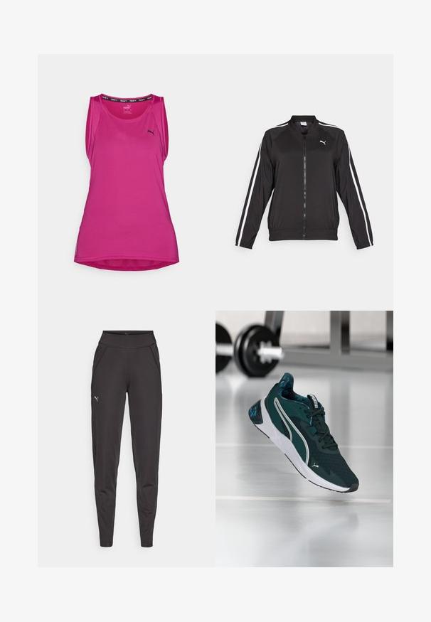 Fekete futódzseki sima anyagból, fehér oldalsávokkal, álló gallérral és elülső cipzárral, mellkason hímzett logóval.; Puma TRAIN FAVORITE TANK - Felső - magenta gleam; Fekete sportleggings rugalmas anyagból, magas derékkal, oldalsó zsebekkel és egy kis fényvisszaverő logóval a bal combján.; Sötétzöld és fehér Puma tornacipő mintás párnázattal, levegőben lebegve egy edzőtermi padlón, közel egy súlytartó állványhoz.