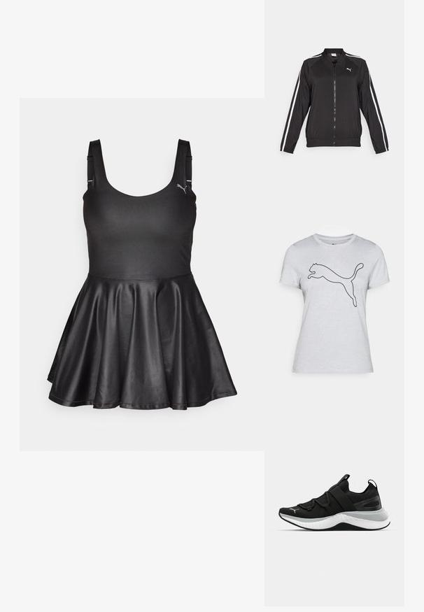 Casaco de treino preto feito de tecido suave, com riscas brancas laterais, gola alta e fecho à frente, apresentando um logo bordado no peito.; T-shirt cinza claro de mangas curtas, feito de algodão, com um contorno preto de um logótipo de puma a saltar, centrado no peito.; Vestido preto sem mangas com um corpete ajustado e saia de cetim evasê. Apresenta um decote redondo e um detalhe discreto do logótipo no canto superior esquerdo.; Sapatilha atlética preta com um upper texturizado, tiras elásticas e uma entressola grossa branca. Apresenta um detalhe cinza ao longo da sola.