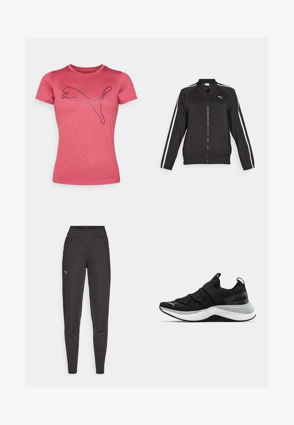 Chaqueta de chándal negra hecha de tela suave con franjas laterales blancas, un cuello alzado y una cremallera frontal, que presenta un logo bordado en el pecho.; Camiseta de manga corta rosa con escote redondo, hecha de una tela suave. Presenta un contorno negro del logo de un puma saltando en la parte delantera.; Leggings deportivos negros hechos de tela elástica, con una cinturilla alta, bolsillos laterales y un pequeño logo reflectante en el muslo izquierdo.; Zapato deportivo negro con parte superior texturizada, correas elásticas y una suela intermedia blanca gruesa. Presenta un acento gris a lo largo de la suela.