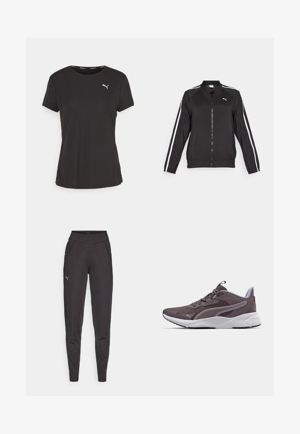 Jachetă de trening neagră, realizată dintr-un material neted, cu dungi albe pe laterale, guler înalt și fermoar anterior, având un logo brodat pe piept.; Puma RUN FAVORITES VELOCITY W - Bluză sport - puma black; Leggings atletice negre, fabricate dintr-un material elastic, cu un talie înaltă, buzunare laterale și un mic logo reflectorizant pe coapsa stângă.; Pantofă sport gri cu plasă superioară, talpă albă și accente contrastante. Dispune de un sistem de șireturi și o suprafață texturată pentru aderență.