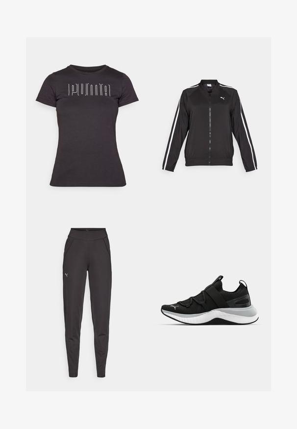 Μαύρο μπουφάν αθλητικής φόρμας από λεία ύφασμα με λευκές πλαϊνές ρίγες, όρθιο κολάρο και μπροστινό φερμουάρ, με κεντημένο λογότυπο στο στήθος.; Μαύρη κοντομάνικη μπλούζα από βαμβάκι με λευκή κάθετη εκτύπωση στο μπροστινό μέρος. Στρογγυλή λαιμόκοψη, εφαρμοστή γραμμή, λεία υφή.; Μαύρα αθλητικά κολάν από ελαστικό ύφασμα, με ψηλή μέση, πλευρικές τσέπες και ένα μικρό ανακλαστικό λογότυπο στον αριστερό μηρό.; Μαύρο αθλητικό παπούτσι με υφή στο επάνω μέρος, ελαστικές λωρίδες και παχύ λευκό μεσαίο πέλμα. Διαθέτει γκρι λεπτομέρεια κατά μήκος του πέλματος.