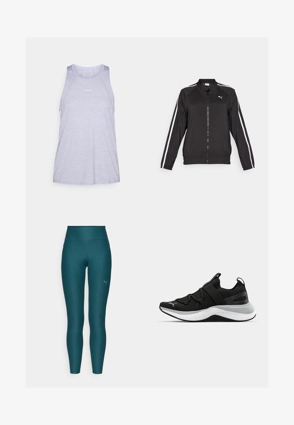 Svart treningsjakke laget av glatt stoff med hvite sidestriper, høy krage og frontglidelås, med et brodert logo på brystet.; Lys lilla treningsskjorte, laget av pustende stoff, med rund hals, ermeløs design og minimalt logoakcent.; Teal treningsbukser med høy midje, laget av elastisk materiale. Har en liten logo på nedre høyre ben og flate sømmer.; Sorte treningssko med en teksturert overdel, elastiske stropper og en tykk hvit mellomsåle. Har en grå aksent langs sålen.