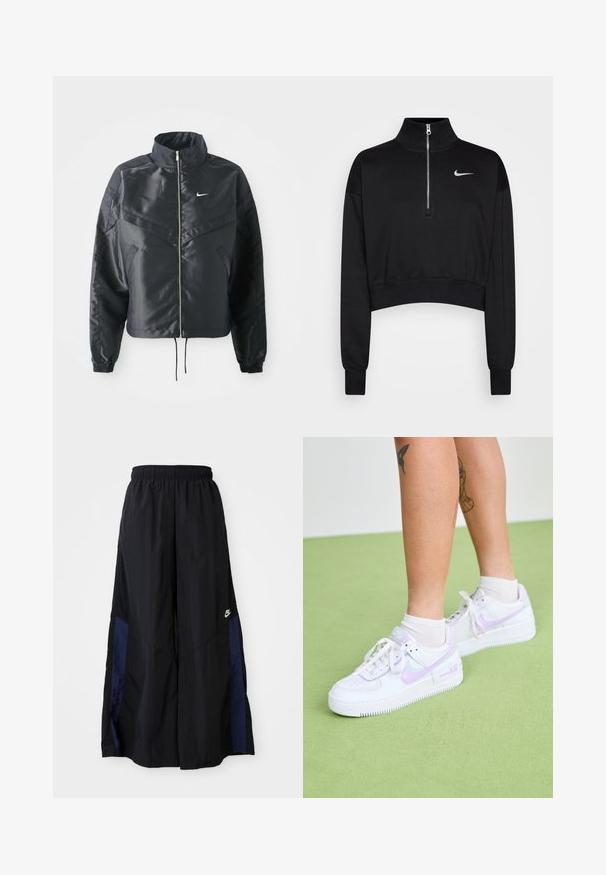 Fekete, rövidített dzseki magas gallérral, cipzáras záródással, elasztikus mandzsettákkal, és fehér Nike logóval. Simább, fényes anyag, enyhén textúrázott felülettel.; Fekete, rövidített pulóver magas gallérral, fél cipzárral, bordázott mandzsettákkal és egy kis fehér Nike logóval a bal mellen. Puha szövet textúra.; Fekete, bő szárú nadrág könnyű anyagból, tengerészkék oldalsó panellel és elasztikus derékkal. Kicsi fehér logó az alján.; Nike Sportswear AF1 SHADOW - Sportcipő - white/lilac bloom/photon dust/white