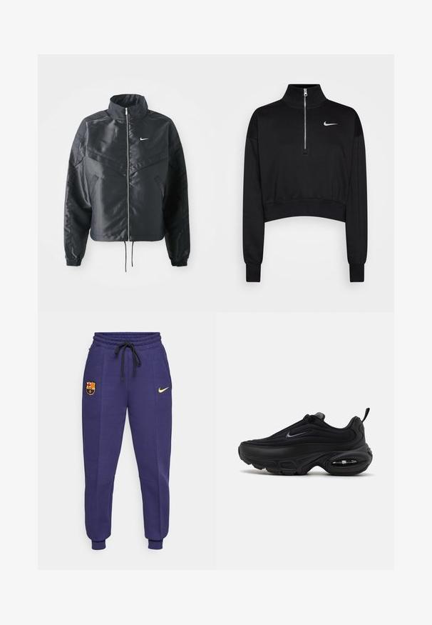 Fekete, rövidített dzseki magas gallérral, cipzáras záródással, elasztikus mandzsettákkal, és fehér Nike logóval. Simább, fényes anyag, enyhén textúrázott felülettel.; Fekete, rövidített pulóver magas gallérral, fél cipzárral, bordázott mandzsettákkal és egy kis fehér Nike logóval a bal mellen. Puha szövet textúra.; Sötétlila Nike melegítőnadrág húzózsinórral, oldalsó zsebekkel és sárga logóval. Hímzett FC Barcelona címkével rendelkezik.; Fekete sportcipő sima, texturált felsőrésszel. Kerek orral, párnázott nyakkal és látható légpárnázással rendelkezik a talpában.