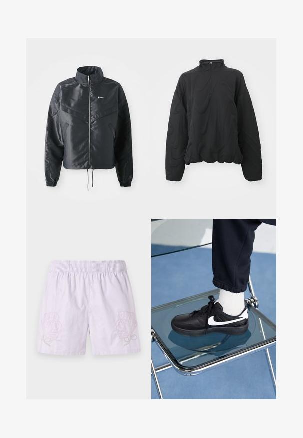 Chaqueta negra corta con cuello alto, cierre de cremallera, puños de elastano y un logo de Nike en blanco. Tejido suave y brillante con una superficie ligeramente texturizada.; Nike Sportswear COZY LOGO - Sudadera - black; Pantalones cortos de algodón en color lila con cintura elástica, que presentan un bordado floral en suave rosa y verde en el lado izquierdo, textura suave, diseño casual.; Zapatillas Nike negras con acentos blancos, con una textura de cuero suave, diseño de cordones y punta redondeada, colocadas sobre una silla de cristal.