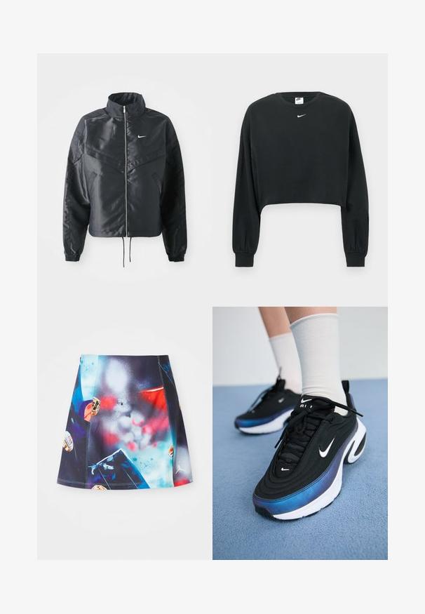 Veste noire courte avec col haut, fermeture éclair, poignets en élasthanne et logo Nike blanc. Tissu lisse et brillant avec une surface légèrement texturée.; Sweat-shirt court noir en mélange de coton, avec manches longues, poignets côtelés et un petit logo Nike blanc sur la poitrine.; Jupe de sport courte et multicolore avec un design éclaboussé vibrant incluant des accents et des logos. Fabriquée en tissu léger et respirant.; Baskets Nike noires avec un dessus en tissu lisse, présentant un design dégradé allant du bleu au noir, une semelle blanche et des accents de logo bien visibles.