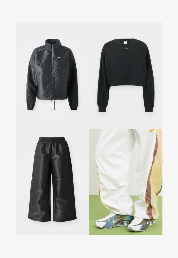Fekete, rövidített dzseki magas gallérral, cipzáras záródással, elasztikus mandzsettákkal, és fehér Nike logóval. Simább, fényes anyag, enyhén textúrázott felülettel.; Fekete, rövidített fazonú pulóver pamut keverék anyagból, hosszú ujjakkal, bordázott mandzsettákkal és egy kicsi fehér Nike logóval a mellkason.; Fekete sportnadrág fényes, sima anyagból, rugalmas derékkal, széles lábakkal és egy kis logóval a bal oldalon.; Fehér, könnyű tréningnadrág narancssárga és barna részletekkel, ezüst és fehér Nike sportcipővel, amely visszatükröződő dizájnnal és látható légpárnákkal rendelkezik.