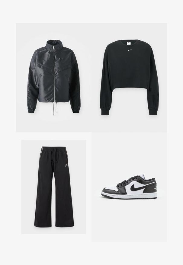 Mustat lyhyet takit, joissa on korkea kaulus, vetoketjukiinnitys, elastaanista valmistetut hihan suut ja valkoinen Nike-logo. Sileä, kiiltävä kangas, jossa on hieman tekstuuria.; Musta lyhennetty collegepaita, valmistettu puuvillasekoitteesta, jossa on pitkät hihat, resoriset hihansuut ja pieni valkoinen Nike-logo rinnassa.; Mustat collegehousut pehmeästä kankaasta, joissa on joustava vyötärö, jossa on naru, sivuaukeamat ja pieni logo vasemmassa etuosassa.; Mustat ja valkoiset Nike matalavartiset lenkkarit, joissa on sileä nahkapinta, pyöreä kärki, nauhakiristys ja kuvioitu kumipohja.