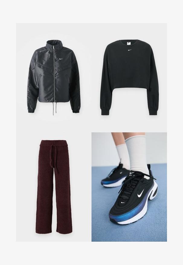 Svart cropped jakke med høy krage, glidelåsåpning, elastiske mansjetter og en hvit Nike-logo. Glatt, shiny stoff med en lett teksturert overflate.; Svart kort genser laget av bomullsblanding, med lange ermer, ribbestrikkede mansjetter og en liten hvit Nike-logo på brystet.; Bordeaux, teksturerte joggebukser laget av myk stoff. Har en snor i midjen og vide ben for komfort. Ingen synlig maskinvare eller mønstre.; Sorte Nike joggesko med en glatt stoffoverdel, med et gradientdesign fra blått til svart, hvit såle og fremtredende logoaksenter.