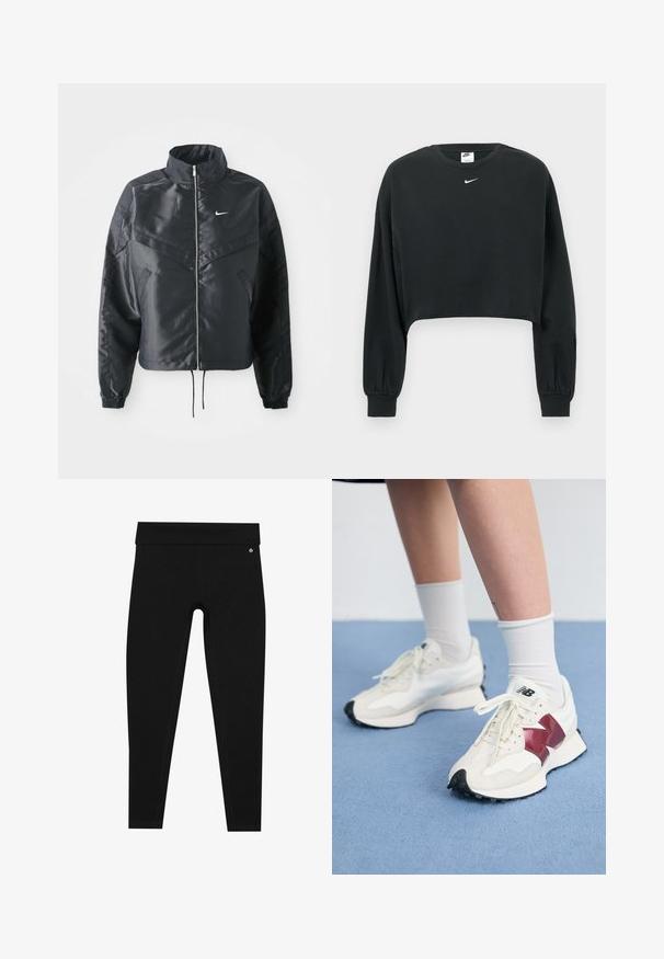 Black cropped jacket with high collar, zip closure, elastane cuffs, and a white Nike logo. Smooth, shiny fabric with a slightly textured surface.; Black cropped sweatshirt made of cotton blend, featuring long sleeves, ribbed cuffs, and a small white Nike logo on the chest.; Black leggings with a high waistband. Made from a smooth, stretchy material with flat seams and a small logo accent near the waistband.; Pair of white sneakers with maroon accents, textured panels, flat black outsole, and light laces, worn with white ankle socks.