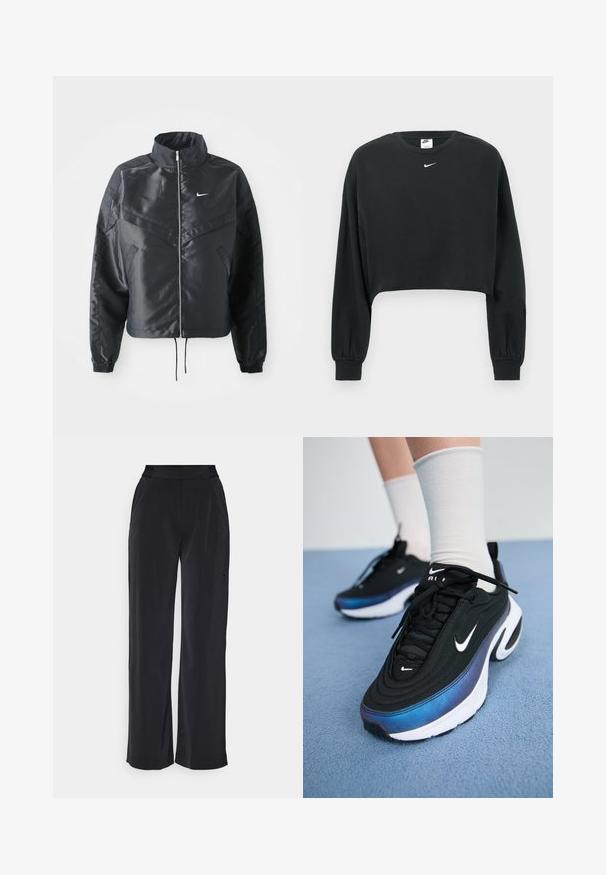 Črna skrajšana jakna z visokim ovratnikom, zadrgo, elastan rokavi in belim logotipom Nike. Gladek, sijoč material z rahlo teksturirano površino.; Črni skrajšani pulover iz bombažne mešanice, z dolgimi rokavi, rebrastimi manšetami in majhnim belim logotipom Nike na prsih.; Nike Performance BLISS TROUSER - Hlače - black; Črne Nike športne copate z gladkim zgornjim delom iz tkanine, ki imajo gradientni dizajn od modre do črne, belo podplat in izrazite logotipne akcenta.