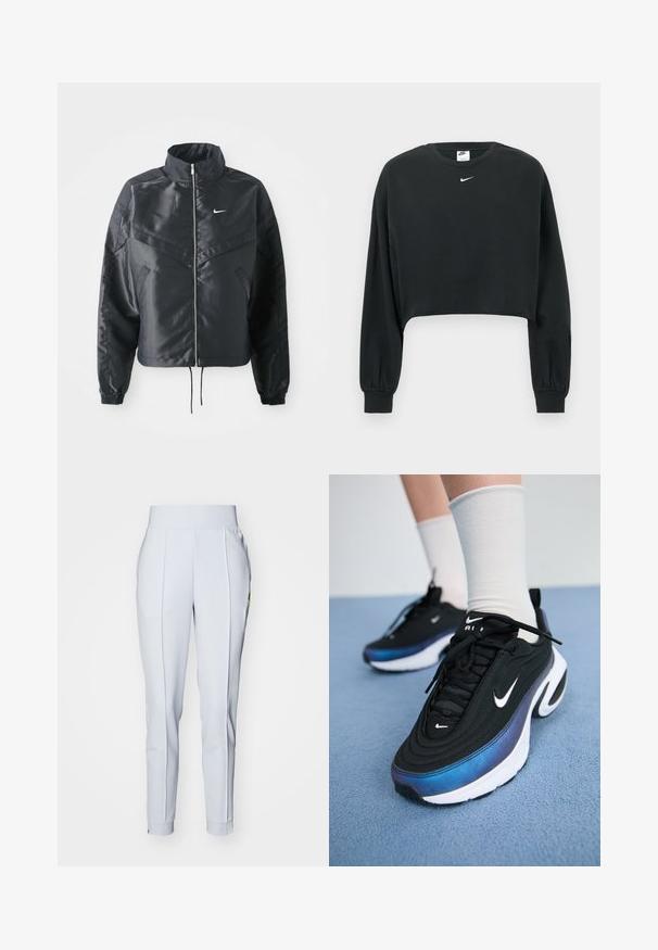 Svart cropped jakke med høy krage, glidelåsåpning, elastiske mansjetter og en hvit Nike-logo. Glatt, shiny stoff med en lett teksturert overflate.; Svart kort genser laget av bomullsblanding, med lange ermer, ribbestrikkede mansjetter og en liten hvit Nike-logo på brystet.; Lys grå treningbukser med bred elastisk midjebånd, smale ben, subtile folder og glidelåsdetaljer ved anklene.; Sorte Nike joggesko med en glatt stoffoverdel, med et gradientdesign fra blått til svart, hvit såle og fremtredende logoaksenter.
