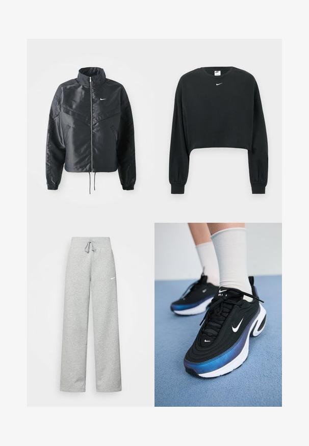Melna apgriezta jaka ar augstu apkakli, rāvējslēdzēja aizdari, elastīna aprocēm un baltu Nike logo. Gluda, spīdīga auduma ar nedaudz teksturētu virsmu.; Melns īss džemperis no kokvilnas maisījuma, ar garām piedurknēm, ribveida aprocēm un mazu baltu Nike logo uz krūtīm.; Pelēkas sporta bikses ar elastīgu jostasvietu, aukliņu detalizācijām un mazu baltu Nike logotipu kreisajā augšstilbā. Mīksta auduma, brīvi pieguļošas.; Melnie Nike sporta apavi ar gludu auduma virsmu, argradienta zilu uz melnu dizainu, balta zole un izteiksmīgi logotipa akcenti.