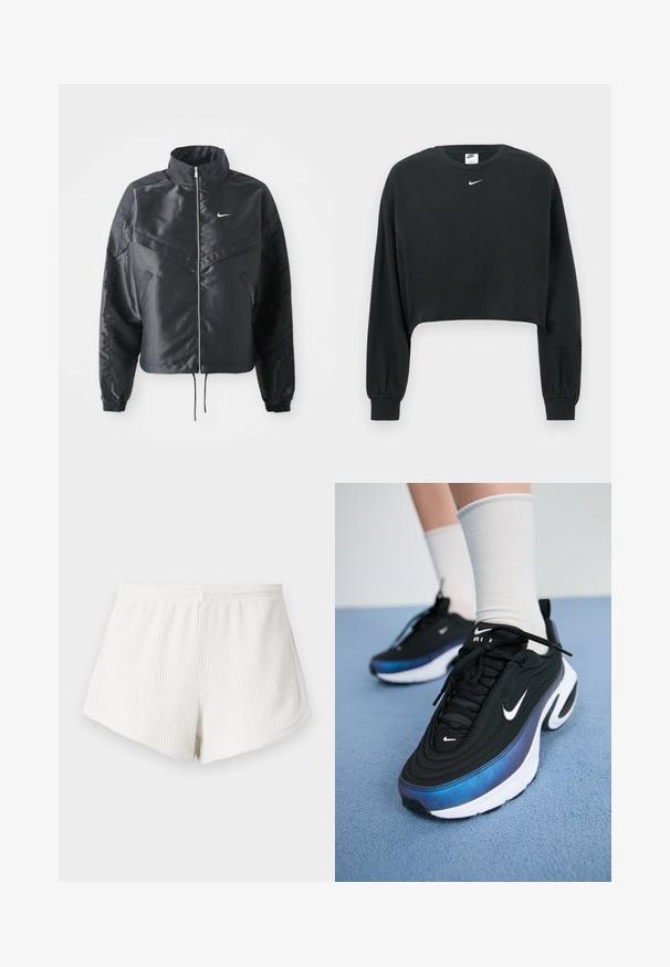 Svart cropped jakke med høy krage, glidelåsåpning, elastiske mansjetter og en hvit Nike-logo. Glatt, shiny stoff med en lett teksturert overflate.; Svart kort genser laget av bomullsblanding, med lange ermer, ribbestrikkede mansjetter og en liten hvit Nike-logo på brystet.; Hvite ribbede shorts i stoff med elastisk midje, med en avslappet passform og buet nederkant. Bakre sømdetalj synlig.; Sorte Nike joggesko med en glatt stoffoverdel, med et gradientdesign fra blått til svart, hvit såle og fremtredende logoaksenter.