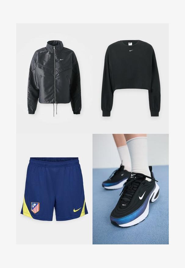 Giacca nera cropped con colletto alto, chiusura a zip, polsini in elastan e logo Nike bianco. Tessuto liscio e lucido con una superficie leggermente texturizzata.; Felpa corta nera in misto cotone, con maniche lunghe, polsini a costine e un piccolo logo Nike bianco sul petto.; Shorts sportivi blu navy con accenti gialli, dotati di una vita elastica e inserti laterali. Logo del club ricamato sulla coscia sinistra.; Sneakers neri Nike con tomaia in tessuto liscio, caratterizzati da un design a gradiente blu-nero, suola bianca e accenti del logo in evidenza.