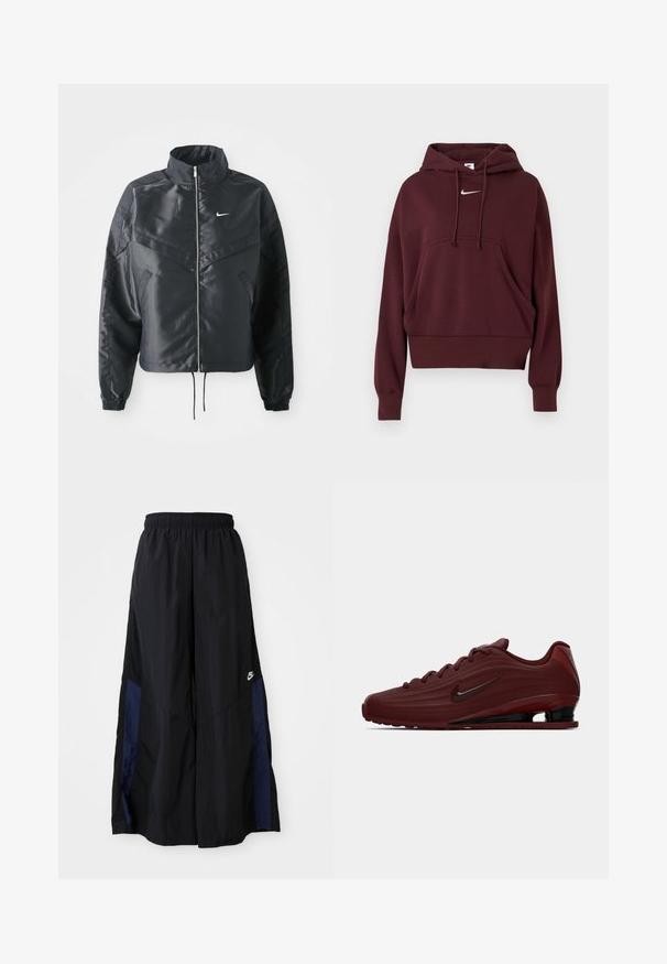 Črna skrajšana jakna z visokim ovratnikom, zadrgo, elastan rokavi in belim logotipom Nike. Gladek, sijoč material z rahlo teksturirano površino.; Bordo Nike kapuco z zadrgo spredaj, z vrvico okoli vratu in majhnim belim logotipom na prsih. Mehak material, skrajšana zasnova.; Črne široke hlače iz lahkega materiala, z morsko modrim stranskim panelom in elastičnim pasom. Majhna bela oznaka na dnu.; Bordeaux Nike superge z črnimi detajli na podplatu, vezalkah in logotipu swoosh, prikazane v stranskem profilu na beli podlagi.