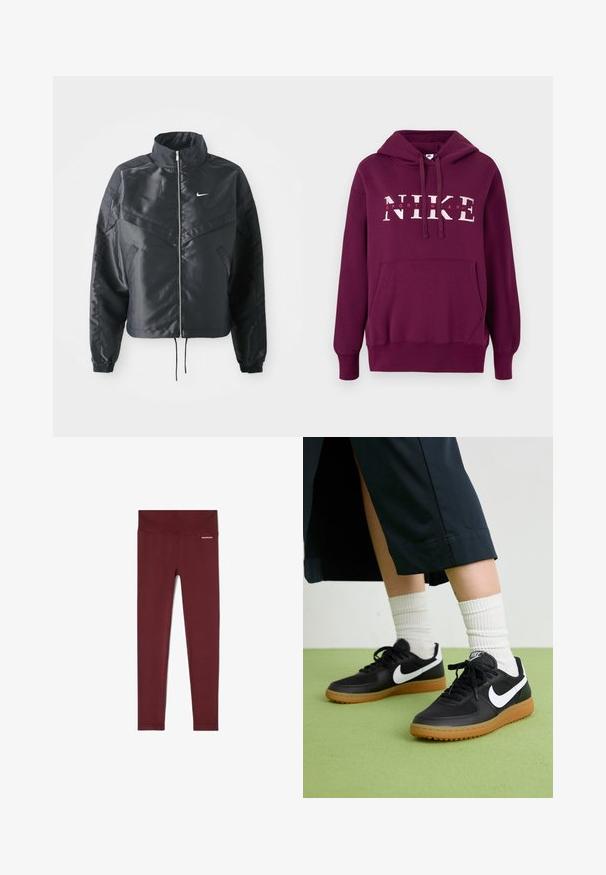 Zwarte cropped jack met hoge kraag, ritsluiting, elastische manchetten en een wit Nike-logo. Glad, glanzend materiaal met een licht gestructureerd oppervlak.; Paarse Nike-hoodie met een voorzak, een capuchon met trekkoord en grote witte tekst "NIKE SPORTSWEAR." Zacht materiaal en geribbelde manchetten.; Bordeaux rib leggings met een brede tailleband, voorzien van een gestructureerde stof en een klein merkje op de heup voor extra detail.; Zwarte leren en synthetische sneakers met witte Nike swoosh, rubberen gumzool, ronde neus en zwarte veters. Geribbelde witte sokken zichtbaar.
