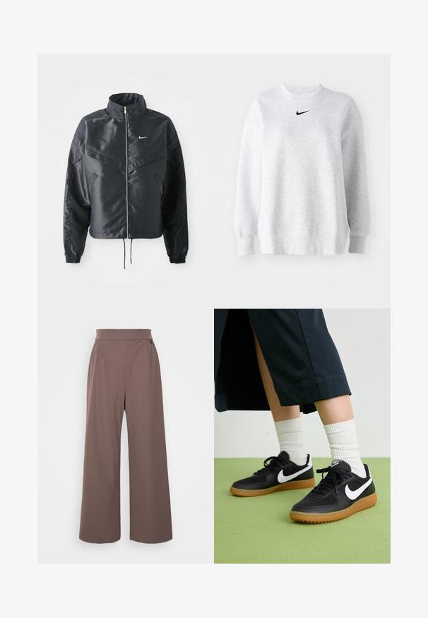 Casaco preto curto com colarinho alto, fecho de zip, punhos em elastano e um logótipo Nike branco. Tecido suave e brilhante com uma superfície ligeiramente texturizada.; Sweatshirt cinza feito de um tecido suave, com gola redonda, ombros caídos, punhos em canelado e um pequeno logo preto da Nike no peito.; Calças de perna larga numa cor castanha suave, feitas de tecido liso. Apresentam uma cintura alta e dois bolsos laterais, oferecendo um ajuste descontraído.; Sapatilhas pretas em couro e sintético com o logo da Nike em branco, sola de borracha tipo goma, bico redondo e atacadores pretos. Meias brancas com frunces visíveis.