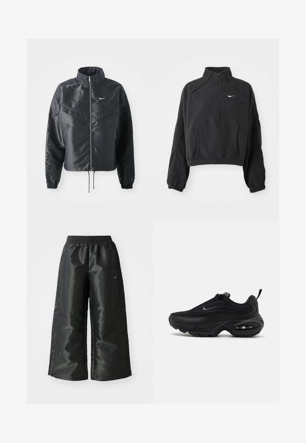 Must kolledžiga must lühike jope, millel on lukuga sulgus, elastne mansett ja valge Nike logo. Sile, läikiv kangas, millel on veidi tekstureeritud pind.; Musthave fleece-pullover, mille ja kõrge kraega, pool-zipiga ees ja elastse alläärega. Omab kangaroo taskut ja valget Nike logo rinnal.; Mustad mustad sportsipüksid läikiva, siledaga kangaga, pa elastse vöökoha, laia sääre ja väikese logoga vasakul küljel.; Mustad mustus spordijalanõud sileda, tekstuuriga ülaosaga. Omab ümmargust ninaosa, pehmendatud kaelaosa ning nähtavat õhkpadi talla sees.