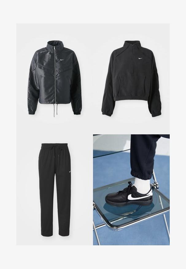 Jachetă croppată neagră cu guler înalt, închidere cu fermoar, manșete din elastan și un logo alb Nike. Material neted, lucios, cu o suprafață ușor texturată.; Pulover negru din fleece cu guler înalt, fermoar pe jumătate în față și tiv elastic. Prezentă un buzunar tip kangaroo și un logo alb Nike pe piept.; Pantaloni de trening negri, confecționați dintr-un material moale, având o talie elastică cu șnur, accente cu nasturi pe laterale și un mic logo alb.; Adidași negri Nike cu accente albe, cu o textură de piele netedă, design cu șireturi și vârf rotunjit, așezați pe un scaun din sticlă.