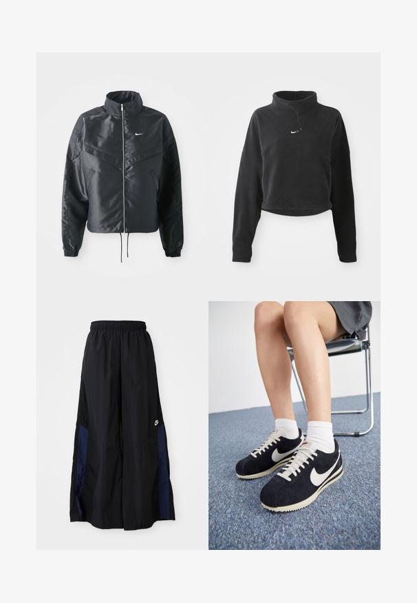 Fekete, rövidített dzseki magas gallérral, cipzáras záródással, elasztikus mandzsettákkal, és fehér Nike logóval. Simább, fényes anyag, enyhén textúrázott felülettel.; Fekete, rövidített polár pulóver hosszú ujjakkal, magas gallérral, állítható húzózsinórral és kis fehér Nike páva logóval a mellkasán.; Fekete, bő szárú nadrág könnyű anyagból, tengerészkék oldalsó panellel és elasztikus derékkal. Kicsi fehér logó az alján.; Nike Sportswear CORTEZ VINTAGE SUEDE - Sportcipő - black/sail/coconut/milk/team orange