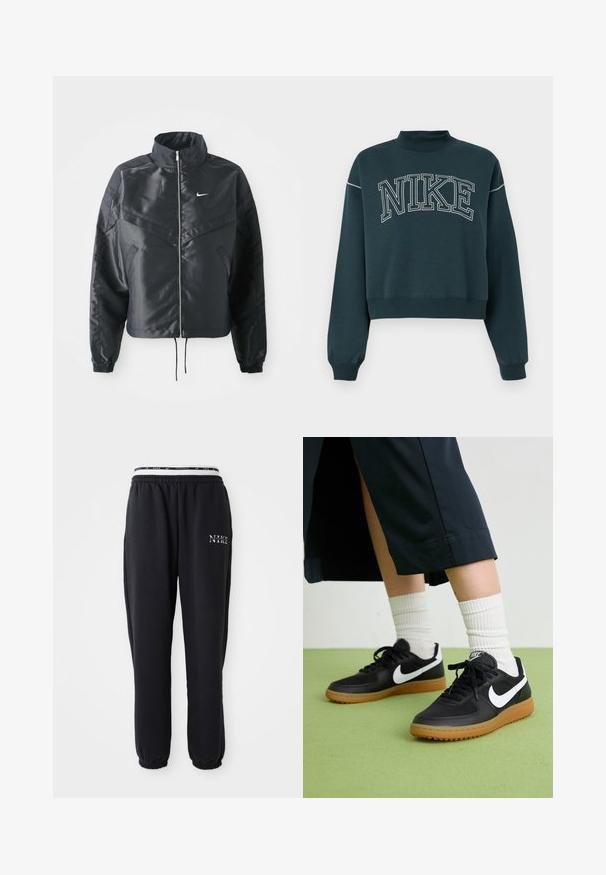 Fekete, rövidített dzseki magas gallérral, cipzáras záródással, elasztikus mandzsettákkal, és fehér Nike logóval. Simább, fényes anyag, enyhén textúrázott felülettel.; Sötét teal színű, rövidített pulóver, puha anyagból készült, magas nyakkivágással, melynek mellkasán nagy, fehér "NIKE" logó található.; Fekete melegítőnadrág puha anyagból, rugalmas derékkal és mandzsettákkal; a bal combon fehér "NIKE" logóval.; Fekete bőr és szintetikus sneakers, fehér Nike logo-val, gumi talppal, kerek orral és fekete fűzővel. Csíkos fehér zokni látható.