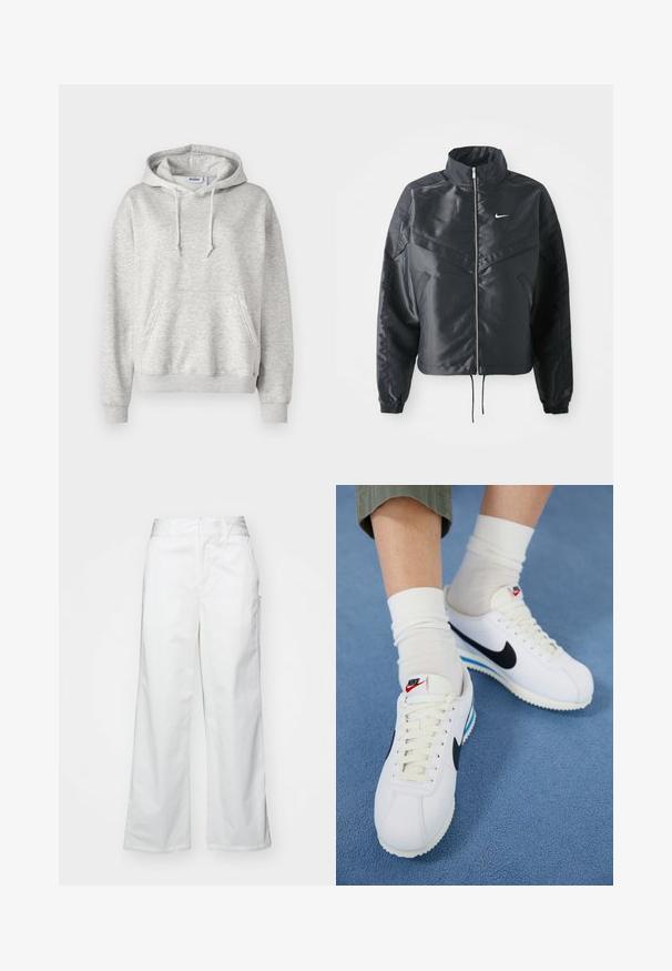 Black cropped jacket with high collar, zip closure, elastane cuffs, and a white Nike logo. Smooth, shiny fabric with a slightly textured surface.; Light gray hooded sweatshirt made of soft cotton blend fabric. Features a front pocket, drawstring hood, and ribbed cuffs and hem.; White wide-leg trousers made from cotton, featuring a smooth texture, straight fit, front pockets, and a clean hem.; White Nike sneakers with black swoosh, lace-up front, and white soles featuring blue accents. Worn with white crew socks over green pants.