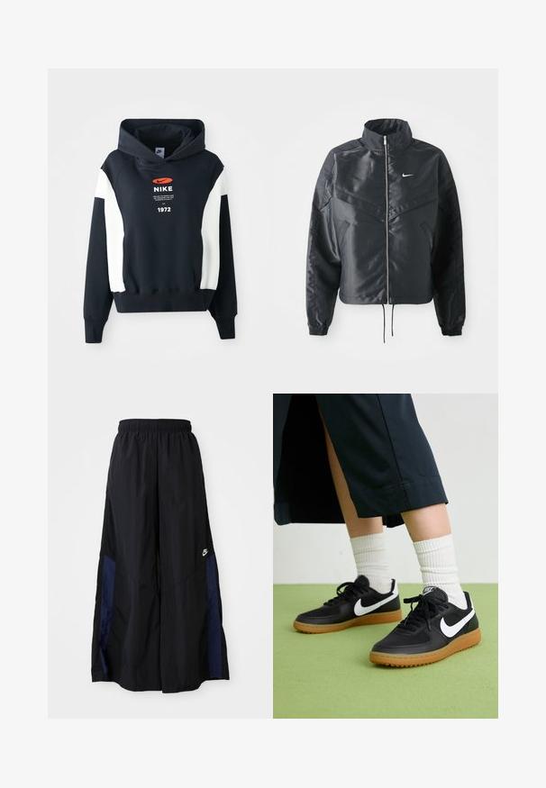 Casaco preto curto com colarinho alto, fecho de zip, punhos em elastano e um logótipo Nike branco. Tecido suave e brilhante com uma superfície ligeiramente texturizada.; Sweatshirt azul marinho com um detalhe branco nas mangas, apresentando um logo frontal, texto e o ano "1972" em branco. Tecido macio, design de bolso canguru.; Calças largas pretas feitas de tecido leve, com um painel lateral azul-marinho e cintura elástica. Pequeno logótipo branco na parte inferior.; Sapatilhas pretas em couro e sintético com o logo da Nike em branco, sola de borracha tipo goma, bico redondo e atacadores pretos. Meias brancas com frunces visíveis.